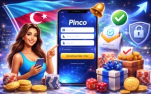 Pinco qeydiyyat forması olan mobil ekran, Azərbaycan bayrağı və təhlükəsizlik ikonları